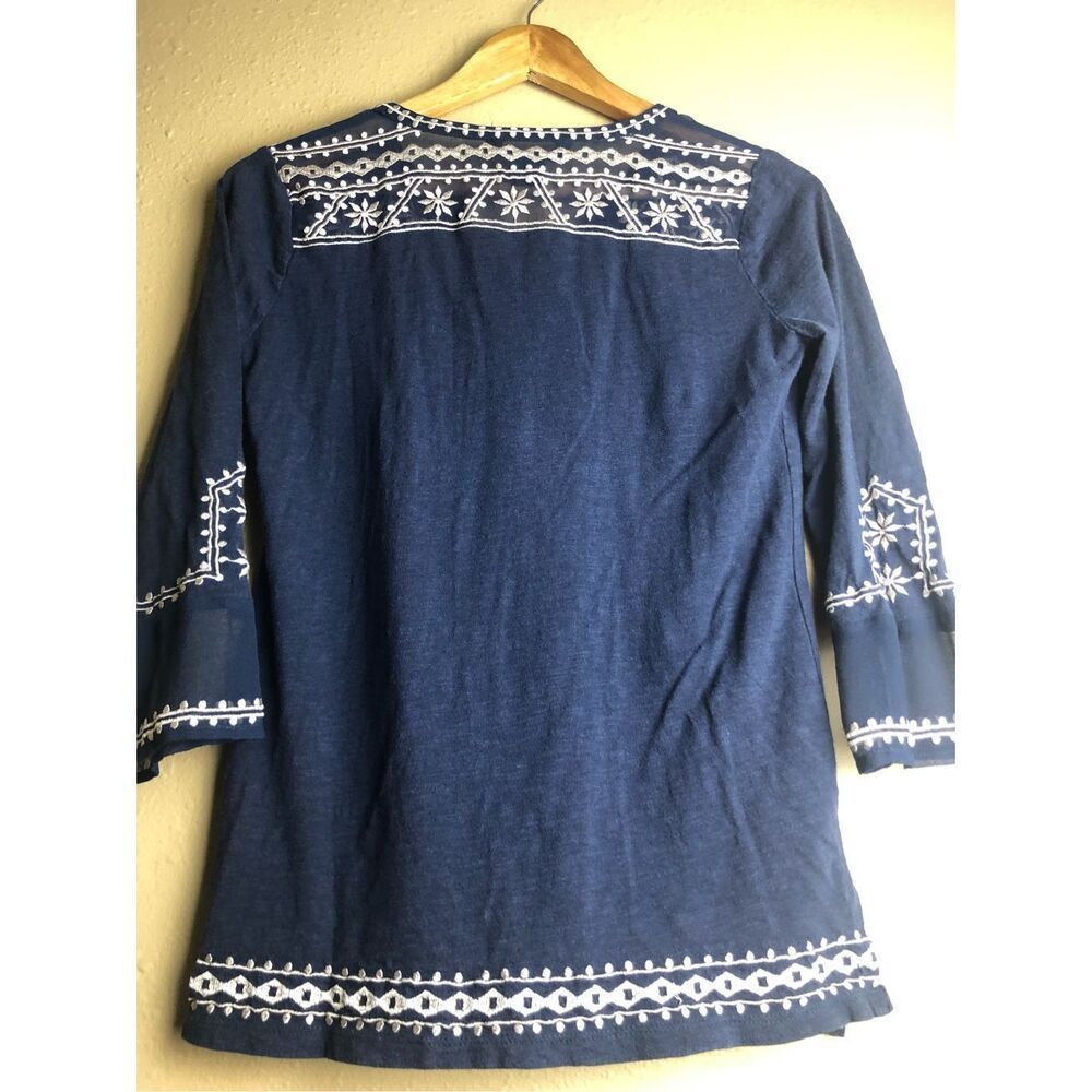 Lucky Brand Boho Embroidered Navy Tunic Top XS 3/4 Sleeve - Picture 6 of 13